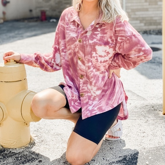 Ces Femme Tops - Tie Dye Fleece Button Up